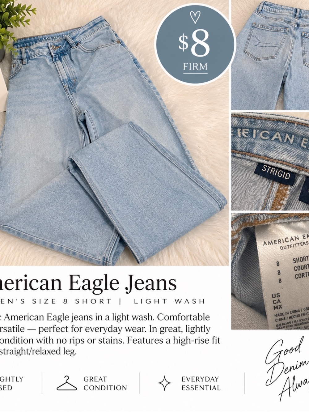 American Eagle Strigid Light Wash Jeans Women’s Size 8 Short